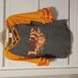 Fall "love" "animal print pumpkin" shirt, 3/4 ruffled shirt